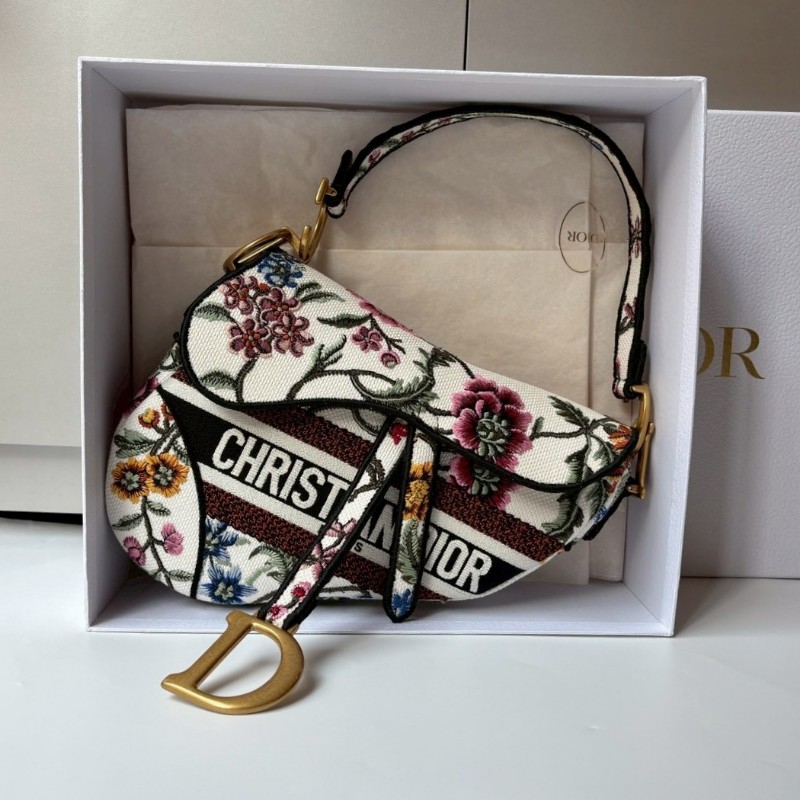 Dior 米白底繡花布單肩馬鞍包-0
