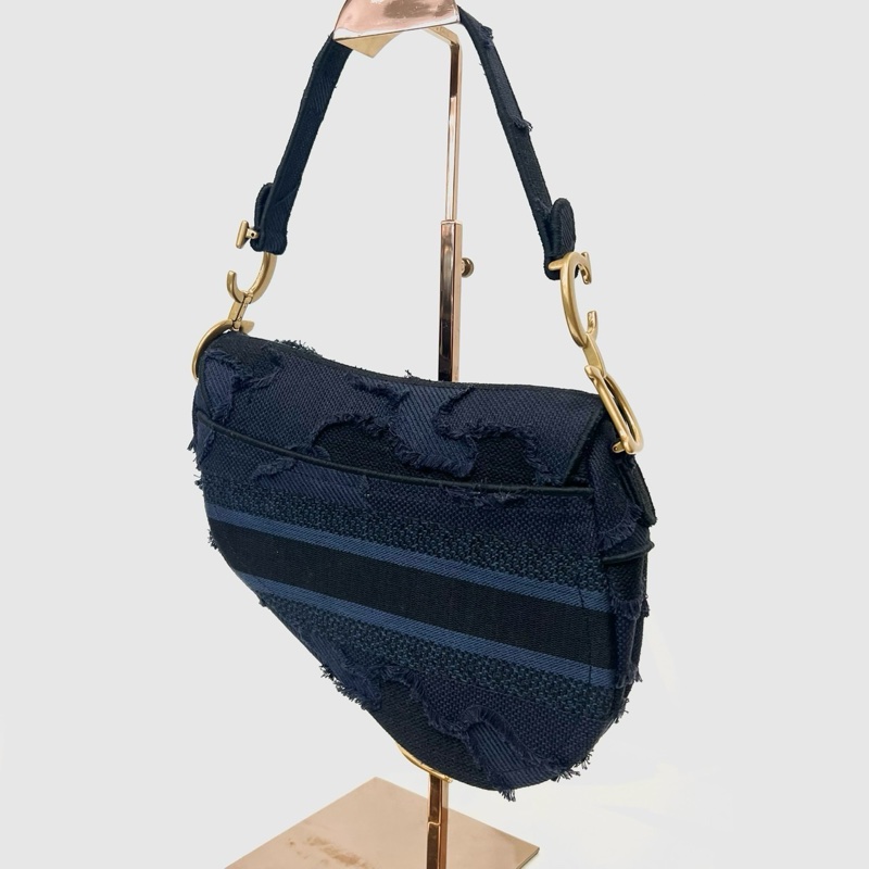Dior 深藍刺繡霧金釦手提馬鞍包-1
