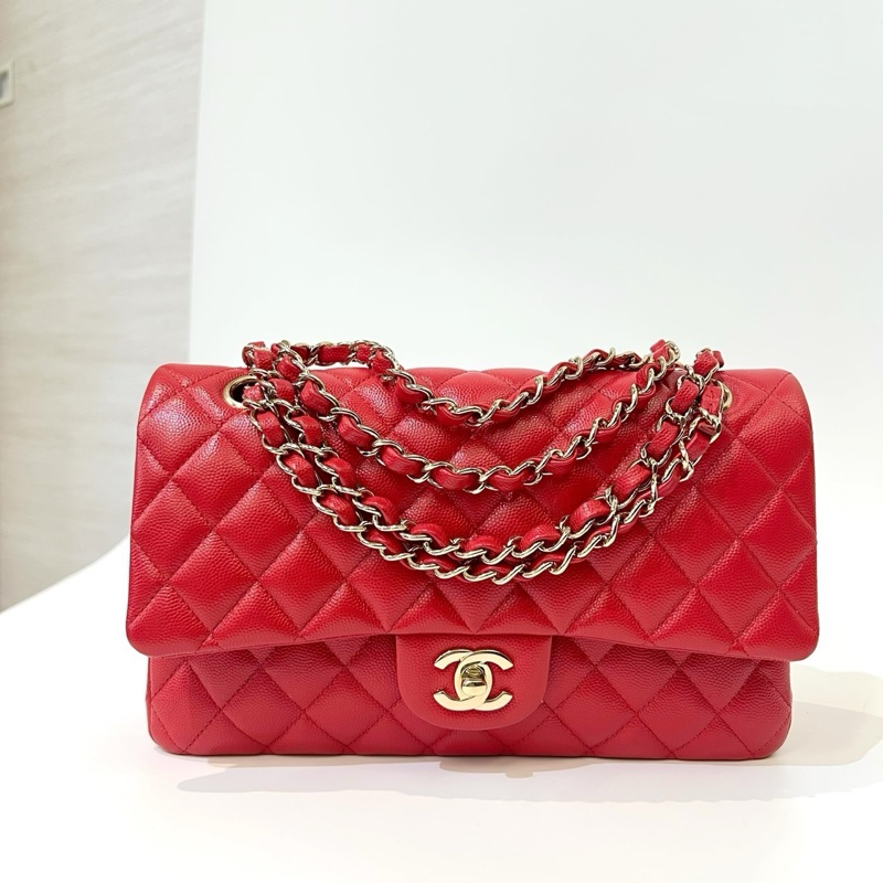 Chanel 紅荔枝牛皮菱格金釦雙蓋COCO25-0