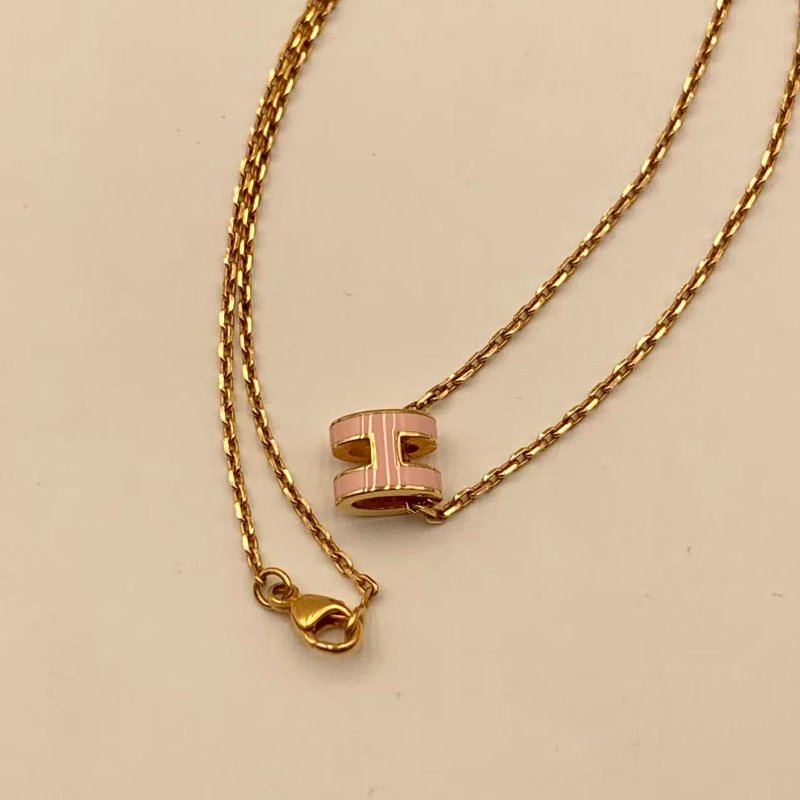 Hermes POPＨ 系列Mini POP H 粉色玫瑰金 鍍金頸鍊-3