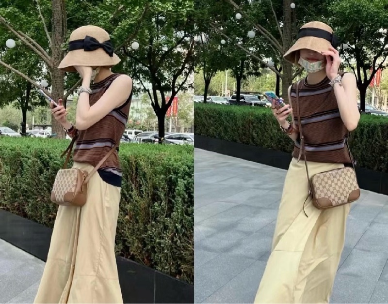 🔥 GUCCI 古馳 經典雙G LOGO印花牛皮拼接方包斜背包（駝/咖邊）-0