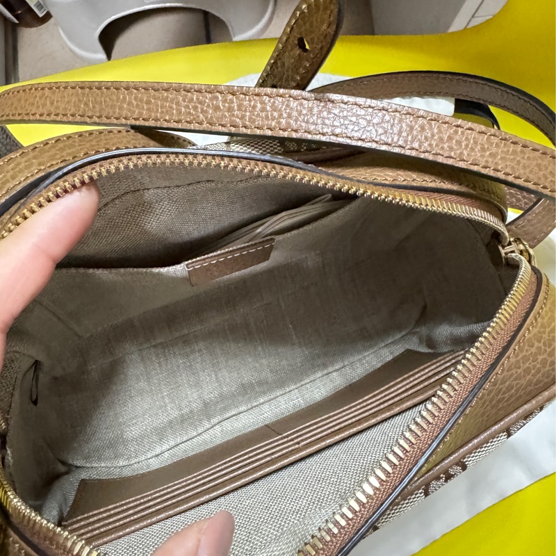 🔥 GUCCI 古馳 經典雙G LOGO印花牛皮拼接方包斜背包（駝/咖邊）-10