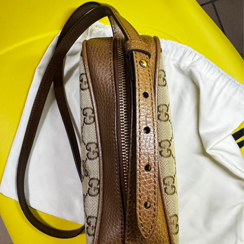 🔥 GUCCI 古馳 經典雙G LOGO印花牛皮拼接方包斜背包（駝/咖邊）-14