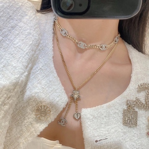 Chanel 香奈兒五花水鑽項鍊-頸鏈/淡金金屬雙C手鏈⭐️劉詩詩同款