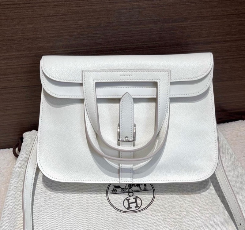 Hermes愛馬仕 奶昔白銀扣哈喇子halzan 25 手提斜挎包 有防塵袋-0