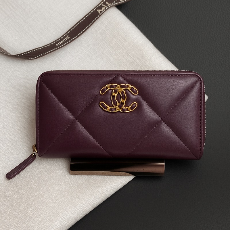 Chanel 19 中夾 葡萄紫🍇酒紅色 皮夾 19系列 皮穿鏈-0