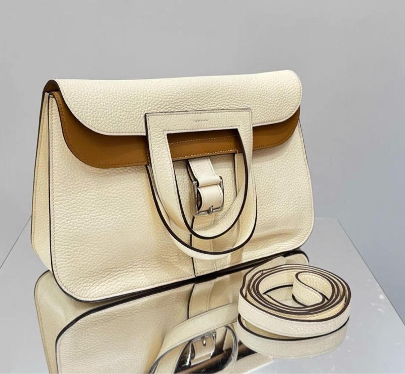 【95新】HERMES/愛馬仕 HALZAN31 手提包 NATA奶油白內拼餅乾色TC皮 銀扣 Z刻 。-1
