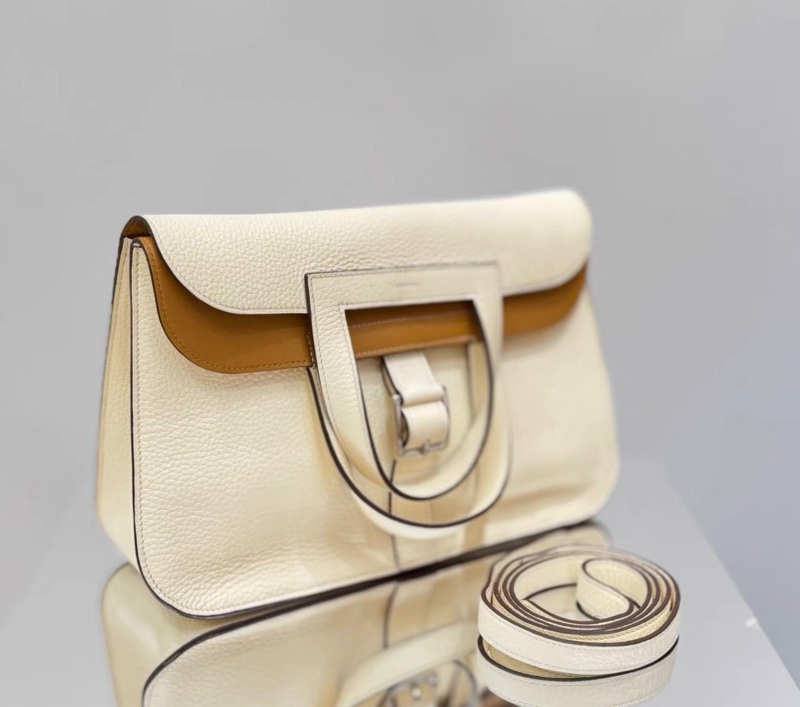 【95新】HERMES/愛馬仕 HALZAN31 手提包 NATA奶油白內拼餅乾色TC皮 銀扣 Z刻 。-2