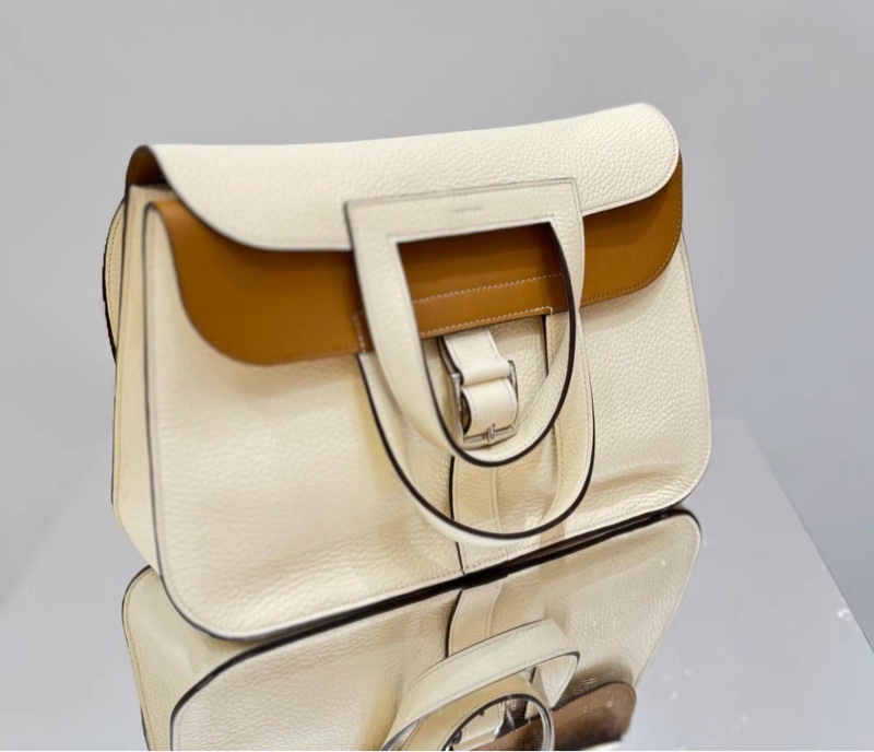【95新】HERMES/愛馬仕 HALZAN31 手提包 NATA奶油白內拼餅乾色TC皮 銀扣 Z刻 。-4