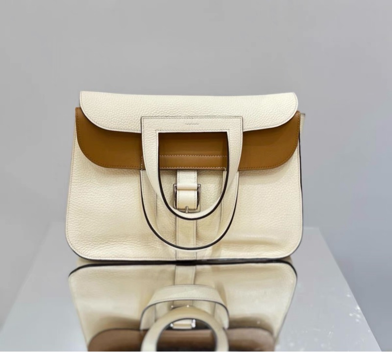 【95新】HERMES/愛馬仕 HALZAN31 手提包 NATA奶油白內拼餅乾色TC皮 銀扣 Z刻 。-5