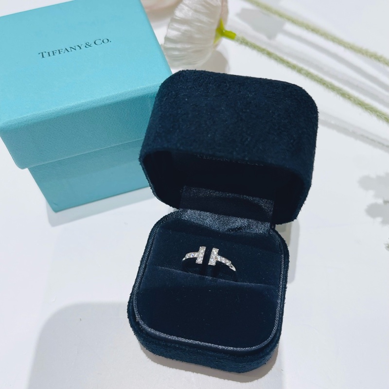 Tiffany蒂芙尼18k白金雙T開口 滿鑽戒指 49碼 大U-1