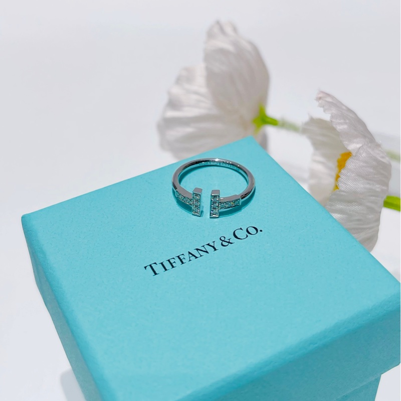 Tiffany蒂芙尼18k白金雙T開口 滿鑽戒指 49碼 大U-2