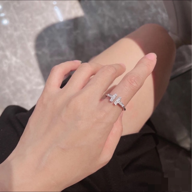 Tiffany蒂芙尼18k白金雙T開口 滿鑽戒指 49碼 大U-5