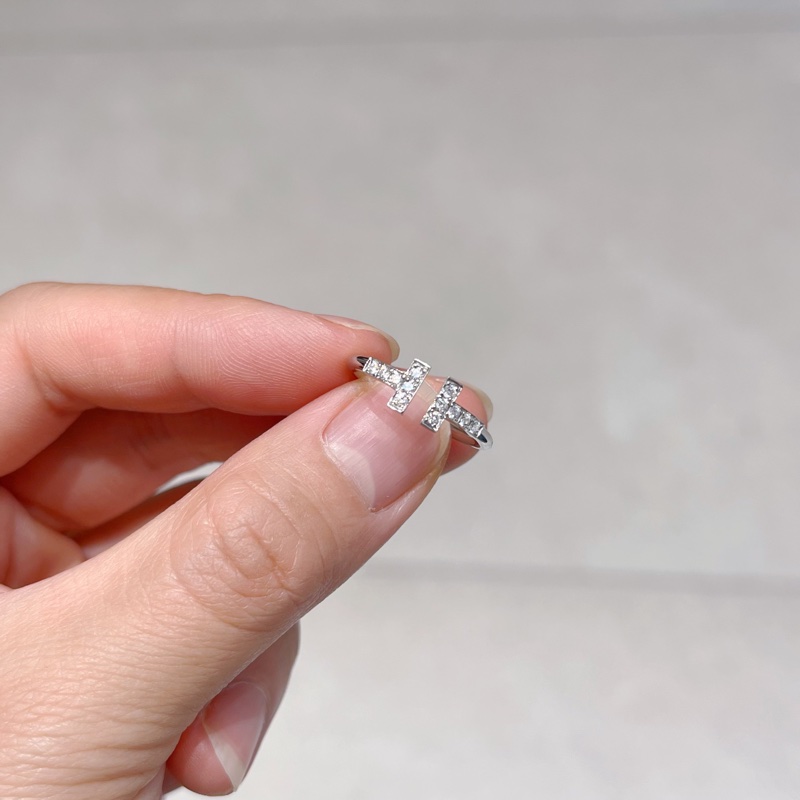 Tiffany蒂芙尼18k白金雙T開口 滿鑽戒指 49碼 大U-7