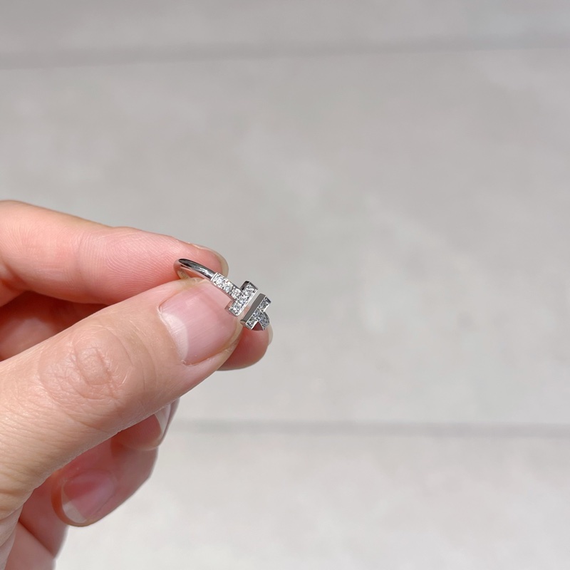 Tiffany蒂芙尼18k白金雙T開口 滿鑽戒指 49碼 大U-11