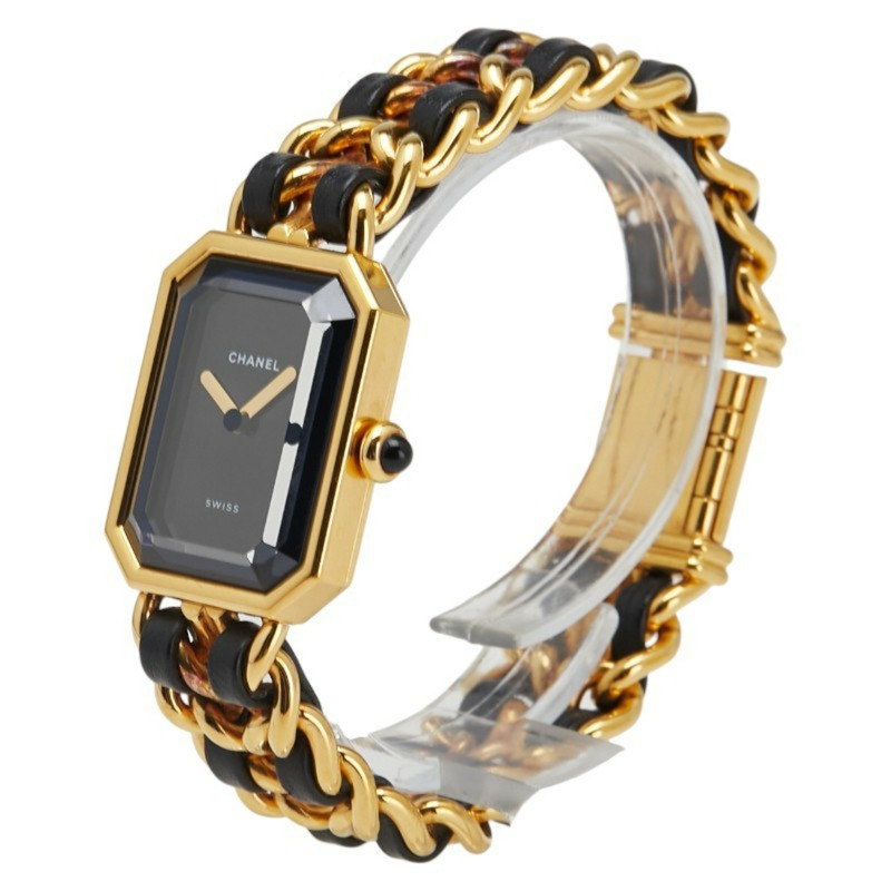 香奈兒 Premiere M 女士石英腕錶，黑色錶盤，鍍層皮革錶帶-1