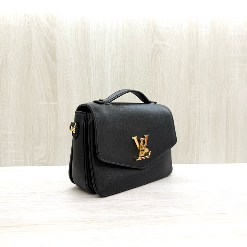 LV黑色牛皮Oxford金Logo轉釦下蓋雙層手提肩斜背包 M22735-2