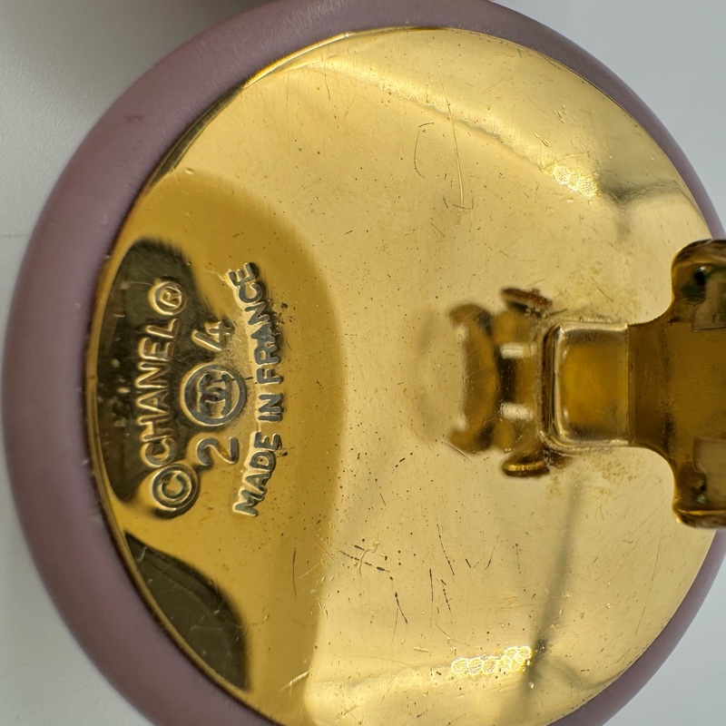 Chanel Vintage 87 樹脂紫粉紅CC Logo大圓形耳環-14