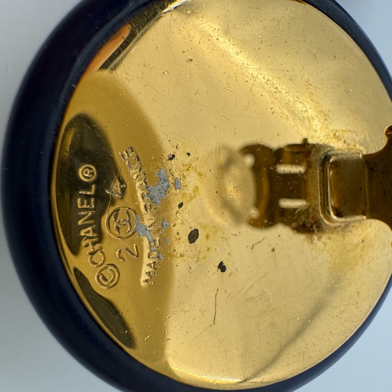 Chanel Vintage 87 樹脂海軍藍CC Logo大圓形耳環-12