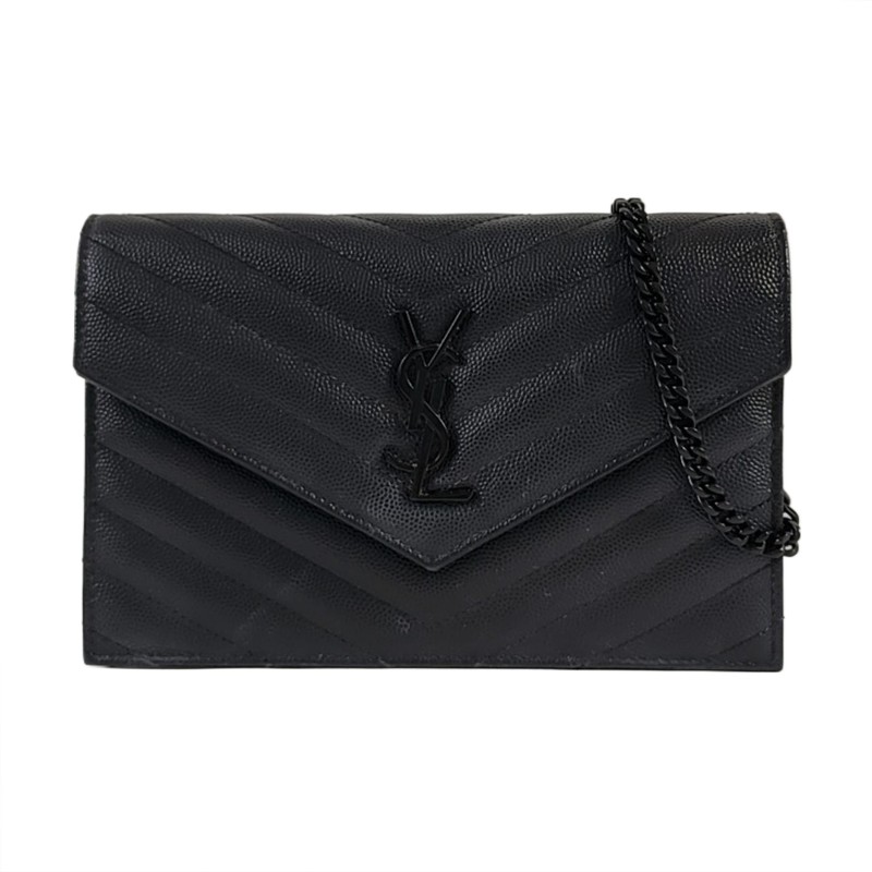YSL MONOGRAM WOC 黑色牛
皮絎縫V紋單肩包斜挎包 黑色五金 可拆卸肩帶 配件齊全-0