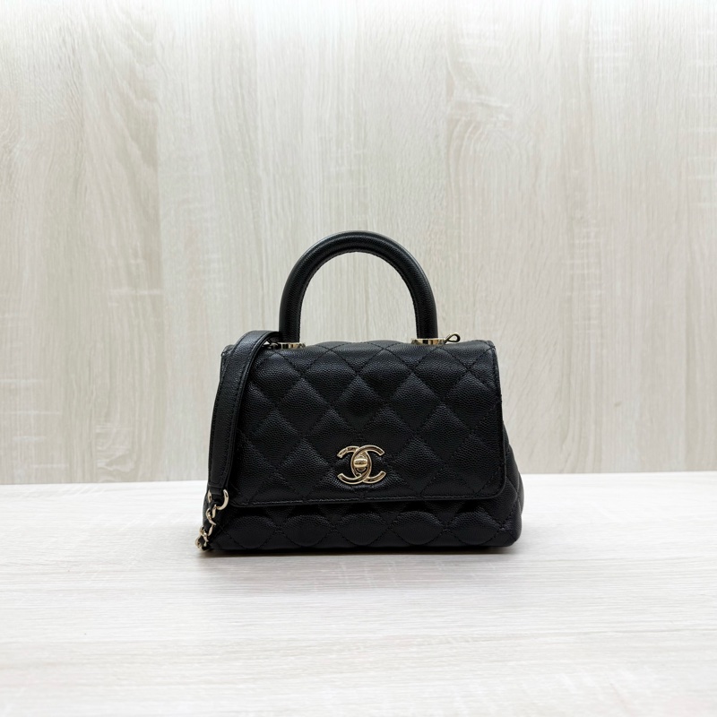 CHANEL黑淡金釦荔枝皮MINICOCO HANDLE /AS2215-0