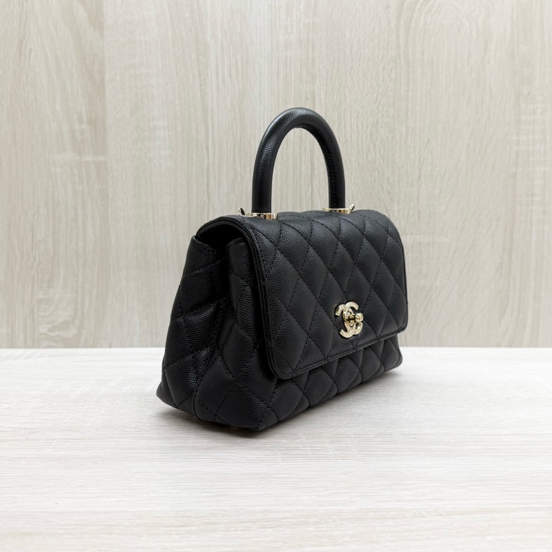 CHANEL黑淡金釦荔枝皮MINICOCO HANDLE /AS2215-3