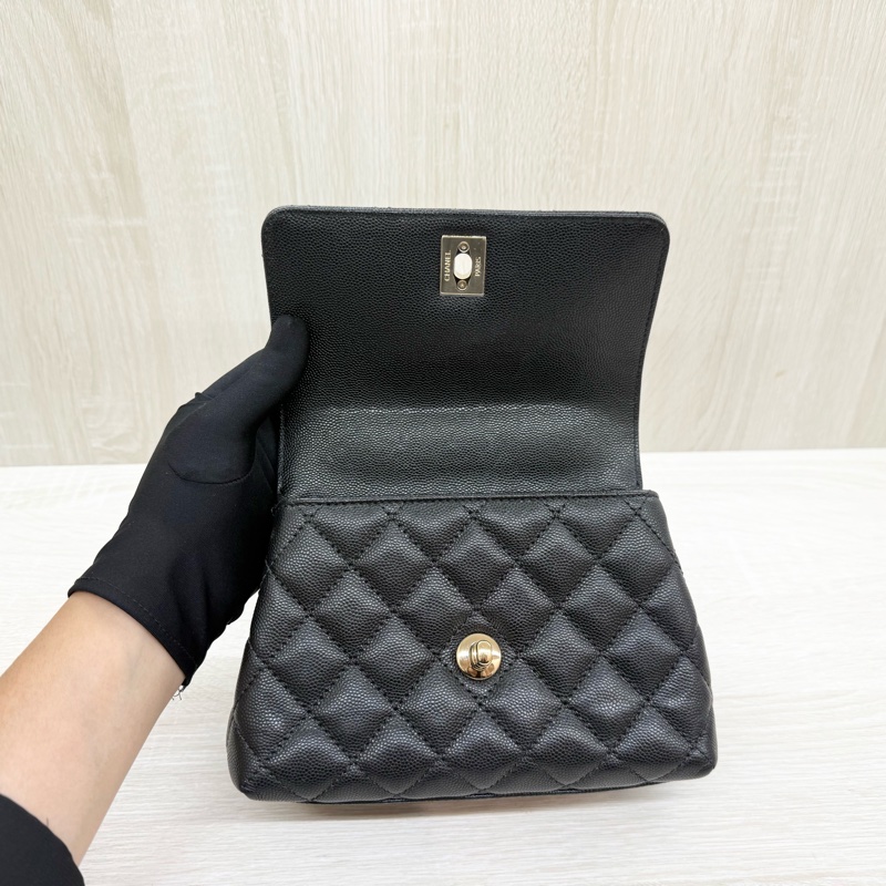 CHANEL黑淡金釦荔枝皮MINICOCO HANDLE /AS2215-6