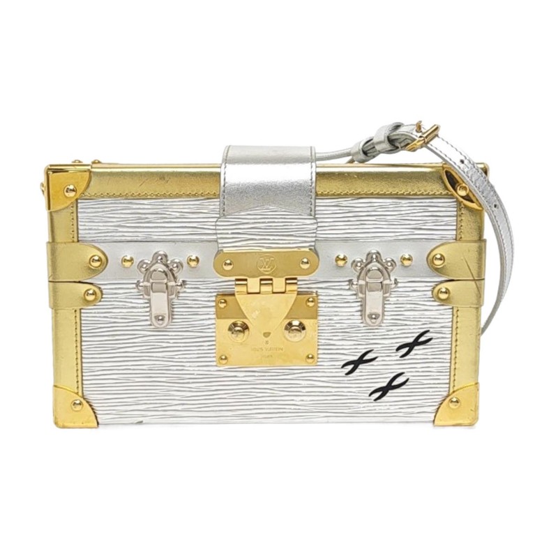 LOUIS VUITTON PETITE MALLE 銀色EPI 牛皮水波紋單肩包斜挎包 金色銀色五金 可拆卸肩帶-0