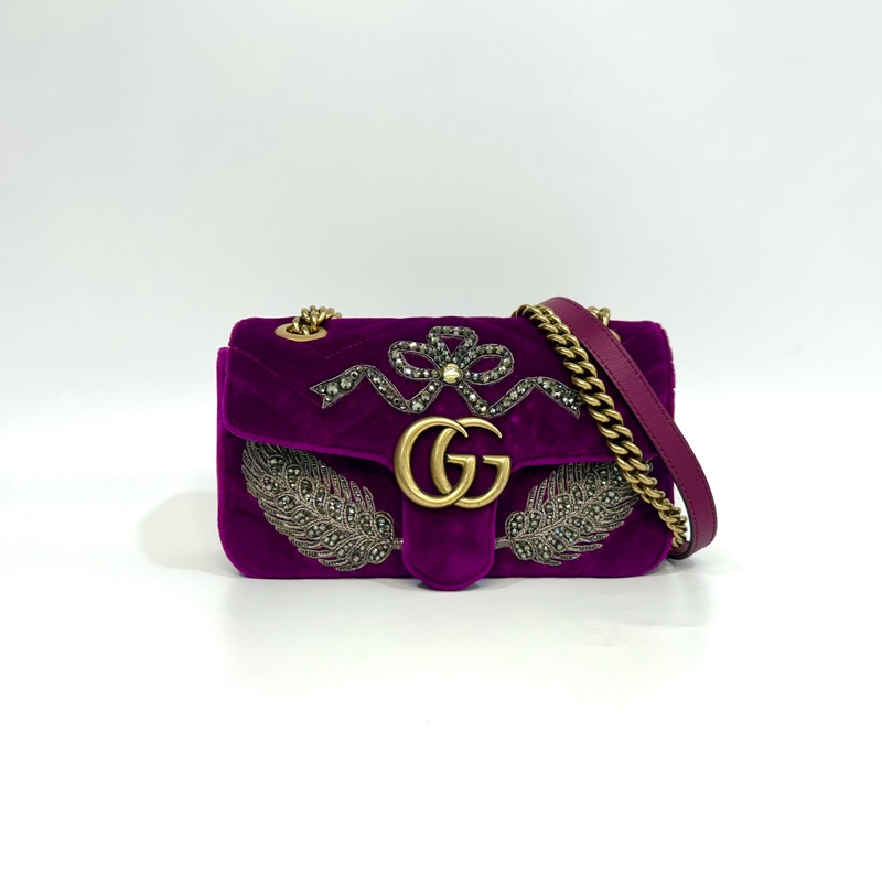 GUCCI葡萄紫絨布水晶刺繡雙G金釦marmont 22cm-0