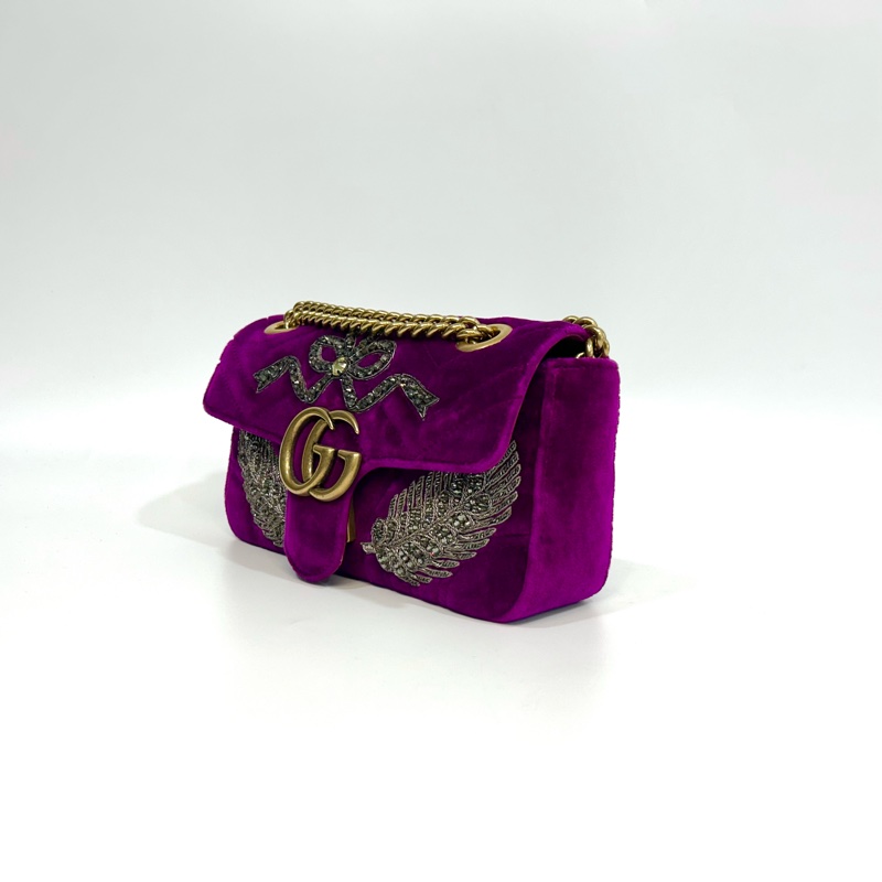 GUCCI葡萄紫絨布水晶刺繡雙G金釦marmont 22cm-1