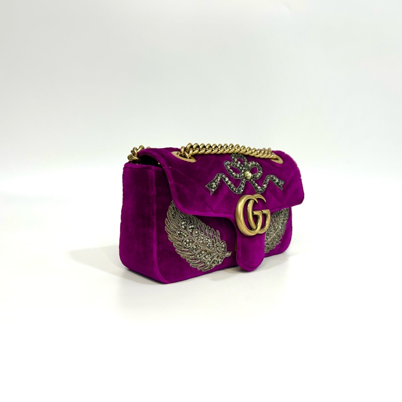 GUCCI葡萄紫絨布水晶刺繡雙G金釦marmont 22cm-2