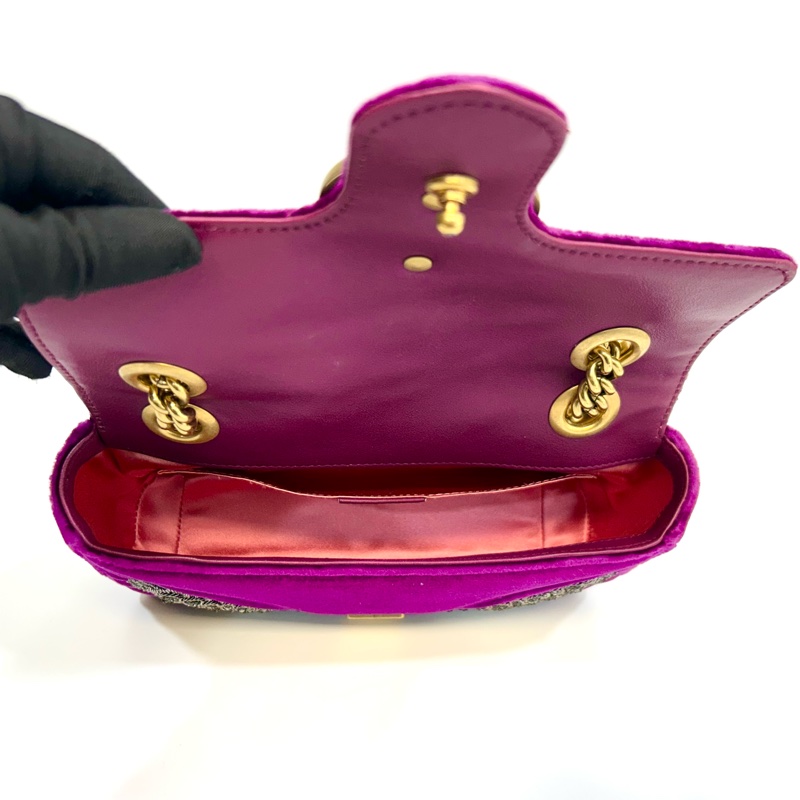 GUCCI葡萄紫絨布水晶刺繡雙G金釦marmont 22cm-5