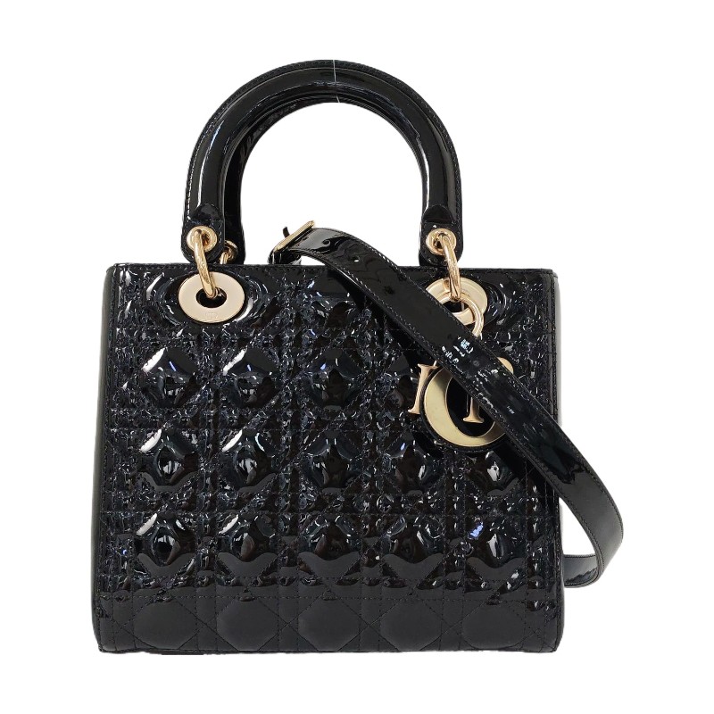 DIOR Lady Dior 中號 黑色漆皮藤格紋絎縫戴妃五格單肩包手提包斜挎包 金色五金 可拆卸肩帶-0