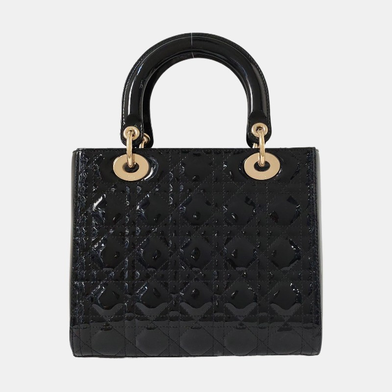DIOR Lady Dior 中號 黑色漆皮藤格紋絎縫戴妃五格單肩包手提包斜挎包 金色五金 可拆卸肩帶-4