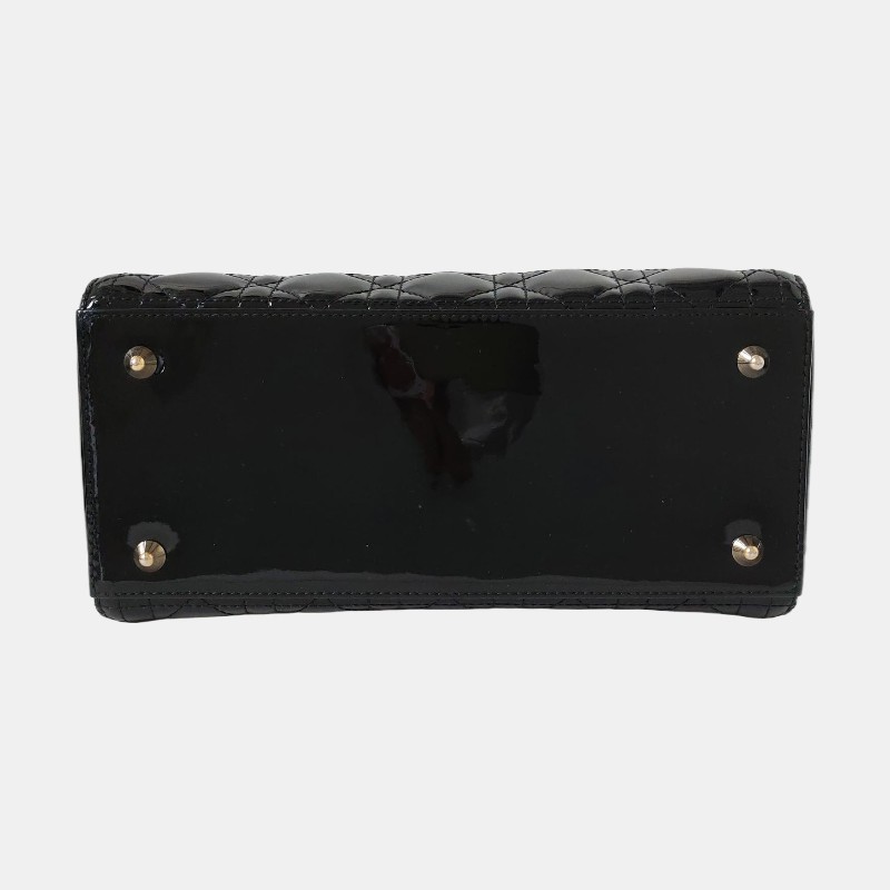 DIOR Lady Dior 中號 黑色漆皮藤格紋絎縫戴妃五格單肩包手提包斜挎包 金色五金 可拆卸肩帶-5