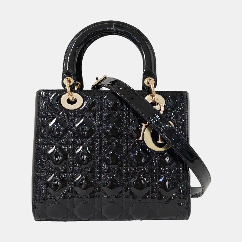 DIOR Lady Dior 中號 黑色漆皮藤格紋絎縫戴妃五格單肩包手提包斜挎包 金色五金 可拆卸肩帶-7