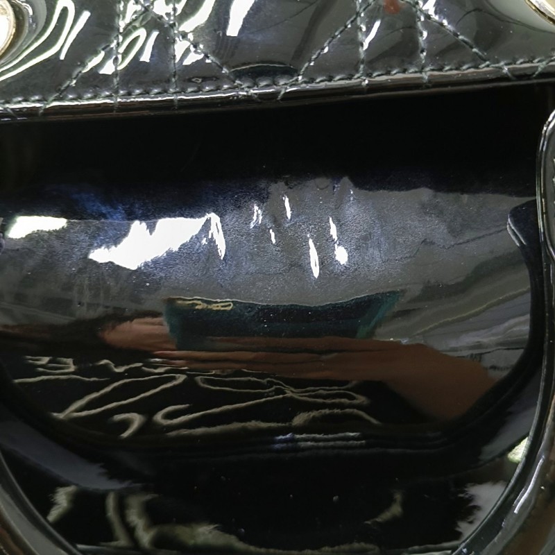 DIOR Lady Dior 中號 黑色漆皮藤格紋絎縫戴妃五格單肩包手提包斜挎包 金色五金 可拆卸肩帶-8