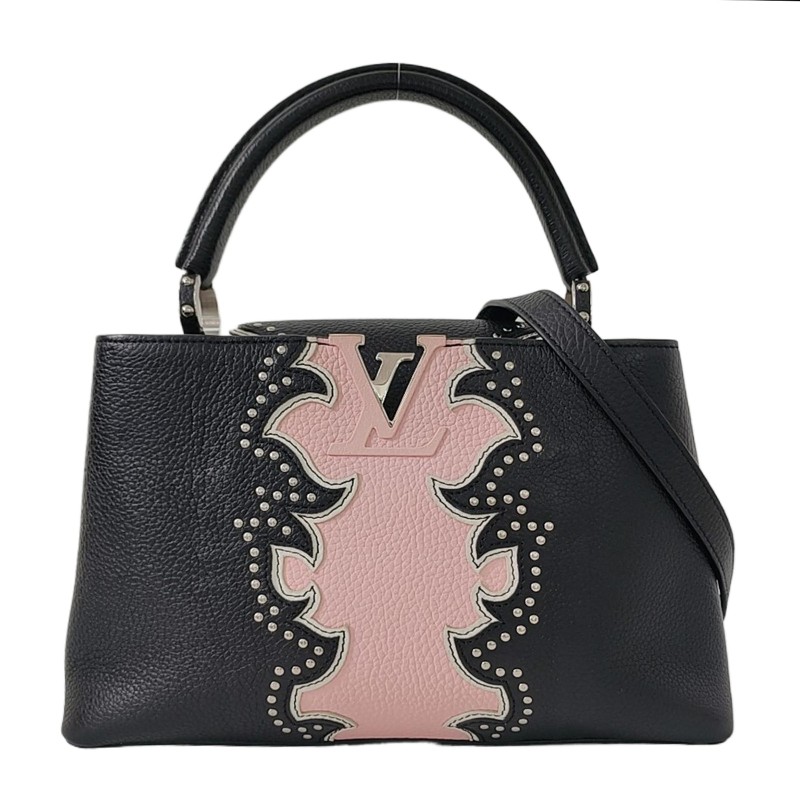 LOUIS VUITTON ARTYCAPUCINES黑色牛皮印花鉚釘斜挎包 金色五金 可拆卸肩帶-0