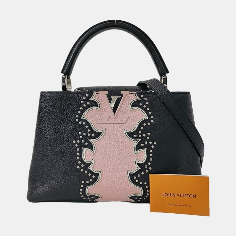 LOUIS VUITTON ARTYCAPUCINES黑色牛皮印花鉚釘斜挎包 金色五金 可拆卸肩帶-7