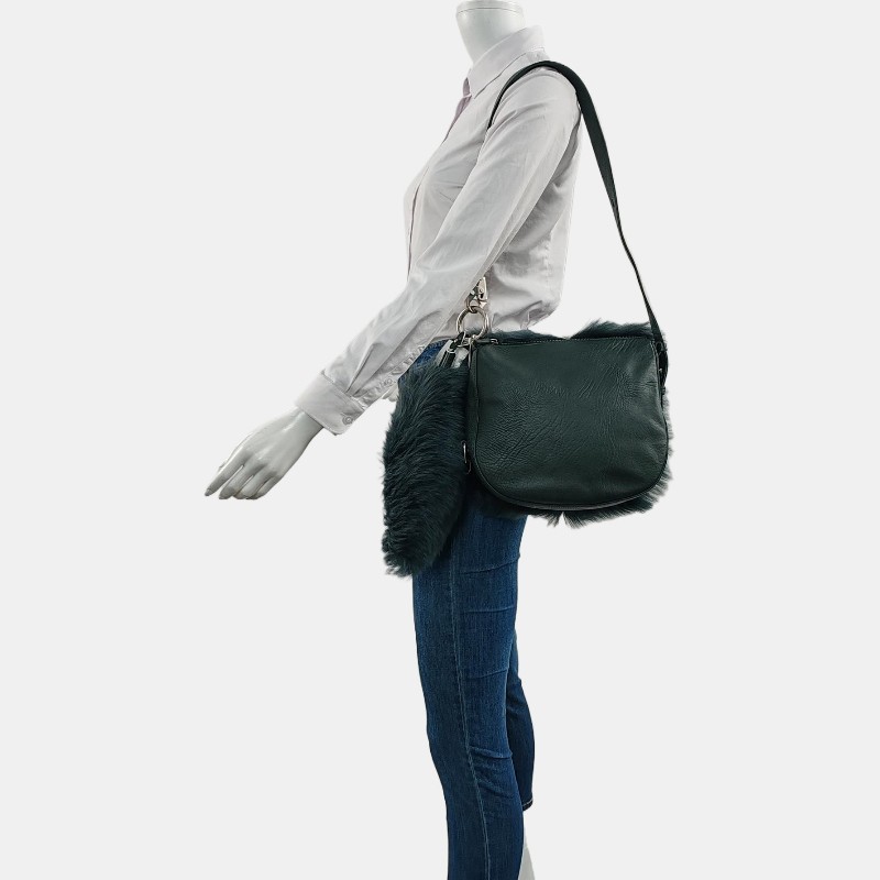 BURBERRY綠色皮草單肩包手提包手拿包 銀色五金 可拆卸肩帶-1
