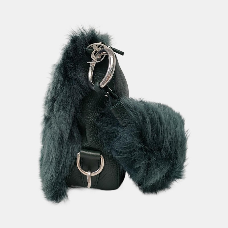 BURBERRY綠色皮草單肩包手提包手拿包 銀色五金 可拆卸肩帶-3