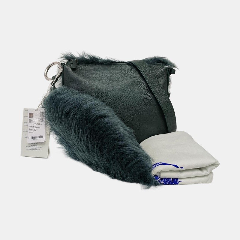 BURBERRY綠色皮草單肩包手提包手拿包 銀色五金 可拆卸肩帶-7