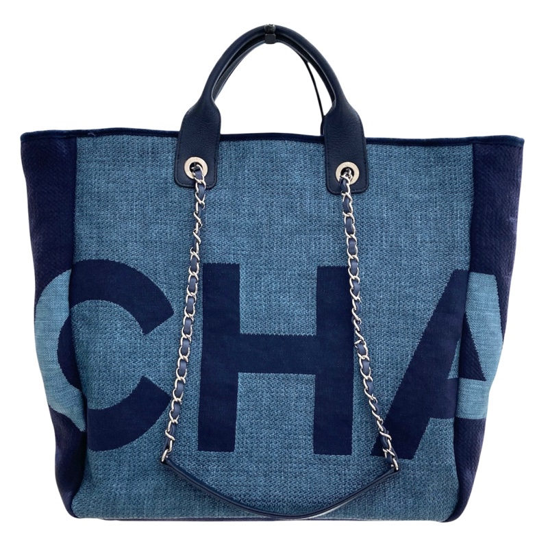 CHANEL 香奈兒 牛仔托特包 棉/麻 藍色 銀釦-0