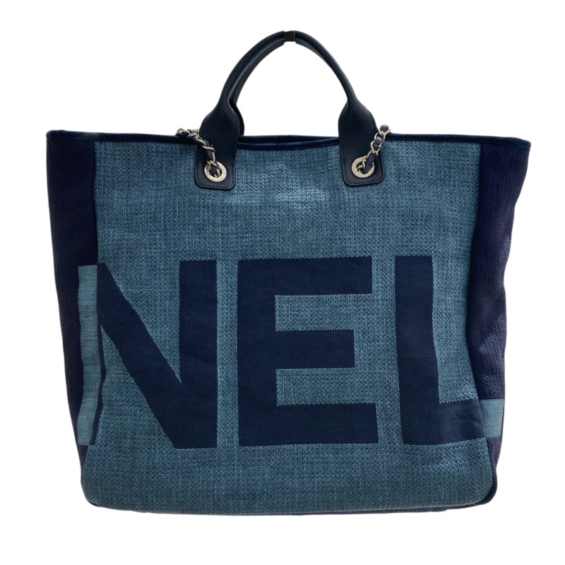 CHANEL 香奈兒 牛仔托特包 棉/麻 藍色 銀釦-2