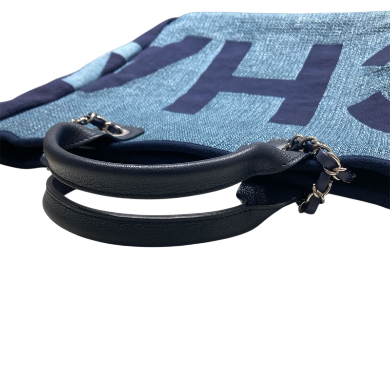 CHANEL 香奈兒 牛仔托特包 棉/麻 藍色 銀釦-10