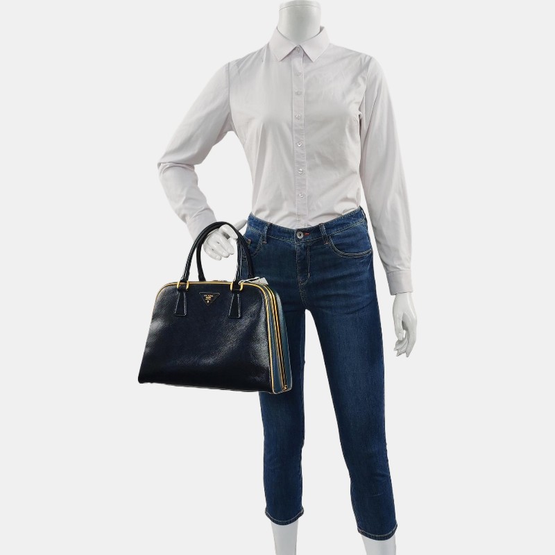 PRADA 深藍色牛皮手提包 金色五金-1