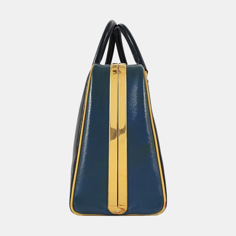 PRADA 深藍色牛皮手提包 金色五金-3