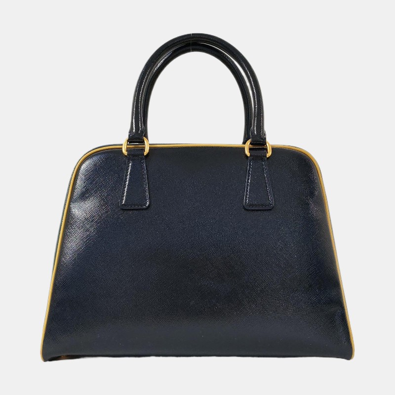 PRADA 深藍色牛皮手提包 金色五金-4