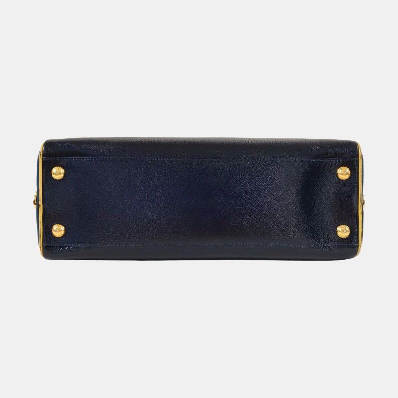 PRADA 深藍色牛皮手提包 金色五金-5
