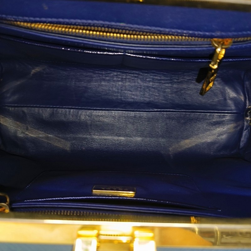 PRADA 深藍色牛皮手提包 金色五金-6